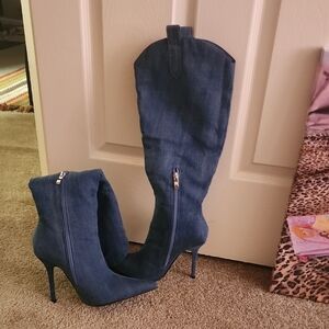 Blue High-Heeled Denim Boots Never Worn